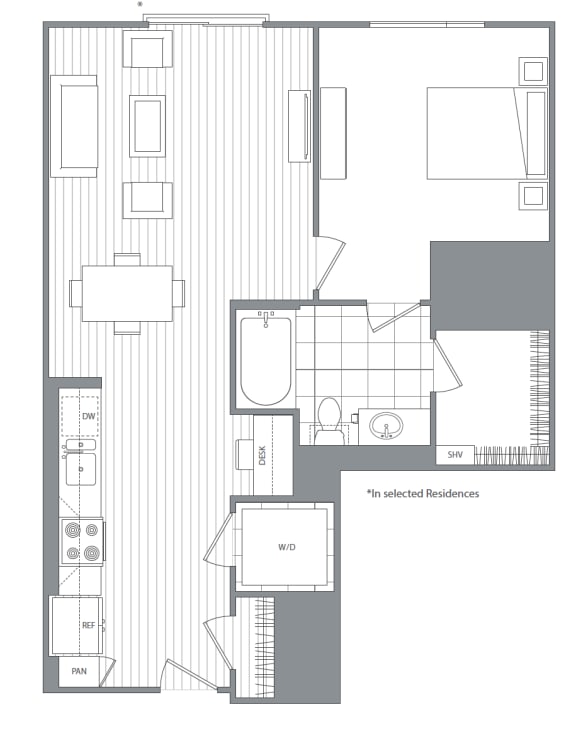 Floor Plan  One bedroom one bathroom D &#xA0;at Kinley West LA, Los Angeles