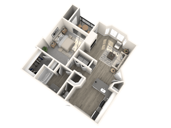 A 3D rendered image of a house layout.