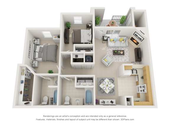 A 3D floor plan of a house with a kitchen, living room, and bathrooms.