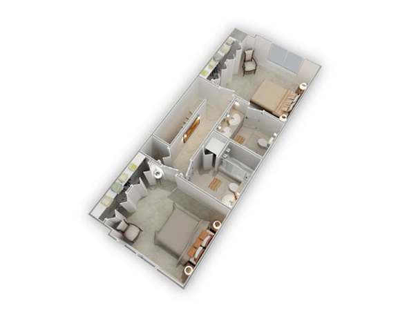 A 3D floor plan of a house with multiple rooms.