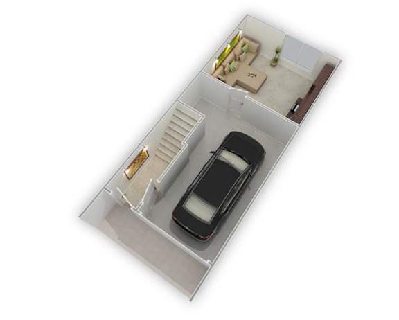 A top-down view of a small apartment with a bed, a desk, and a kitchenette.