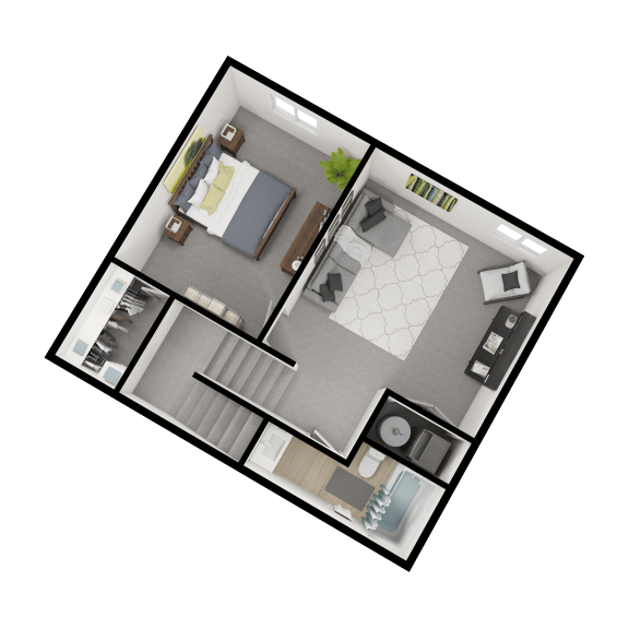 a 3d rendering of a bedroom floor plan