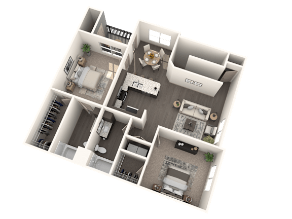 A 3D floor plan of a house with multiple rooms and furniture.