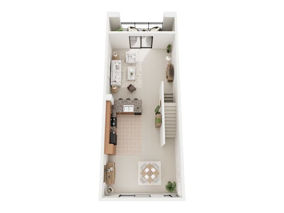 A top down view of a small apartment with a kitchen, living room, and bathroom.