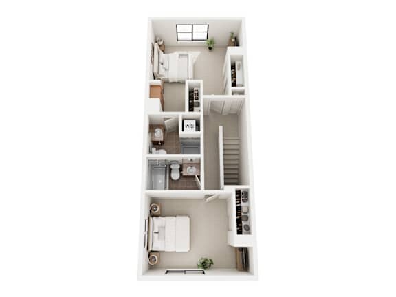 A top down view of a small apartment with a kitchen, living room, and bathroom.