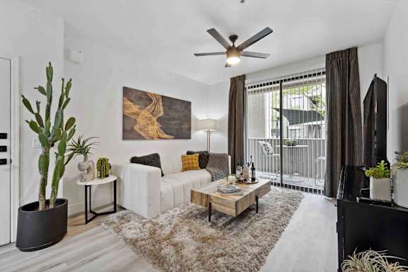 A living room with a white couch, a coffee table, and a cactus plant.