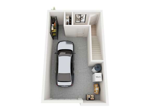 A car is parked in a garage with a Mech device next to it.
