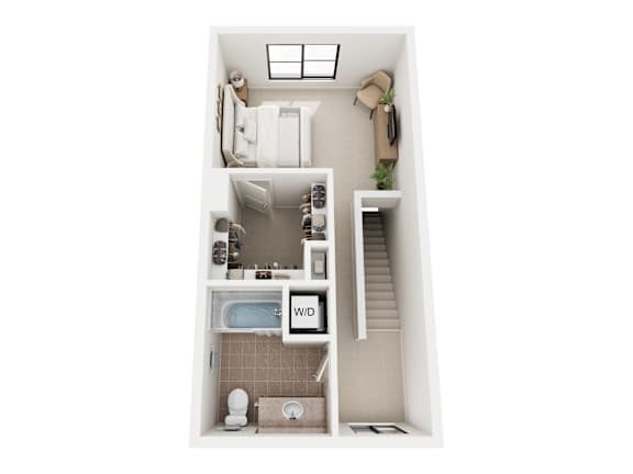 A small apartment with a bedroom, bathroom, and kitchen.