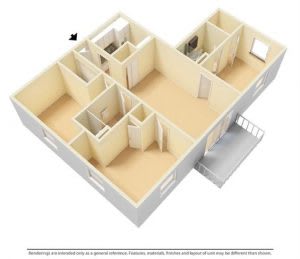A 3D diagram of a house layout with a staircase on the right side.