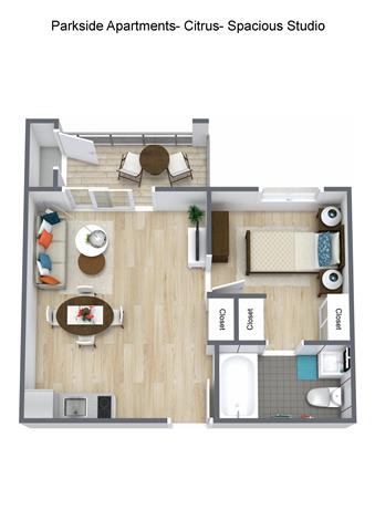 Studio 1 bath floor plan B at Parkside Senior Apartments, San Bernardino, California