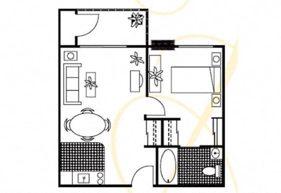 Studio 1 bath floor plan at Parkside Senior Apartments, San Bernardino, CA