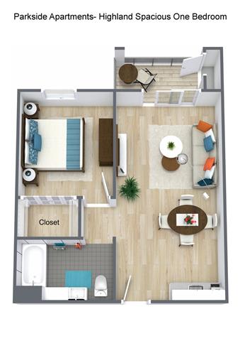 1 bedroom 1 bath floor plan F at Parkside Senior Apartments, San Bernardino, CA, 92404