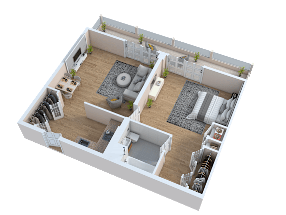 A 3D rendered image of a house layout.
