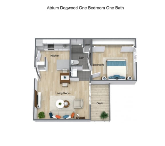 One Bedroom one bath floor plan at The Atrium at Carmichael Apartments, Carmichael, CA