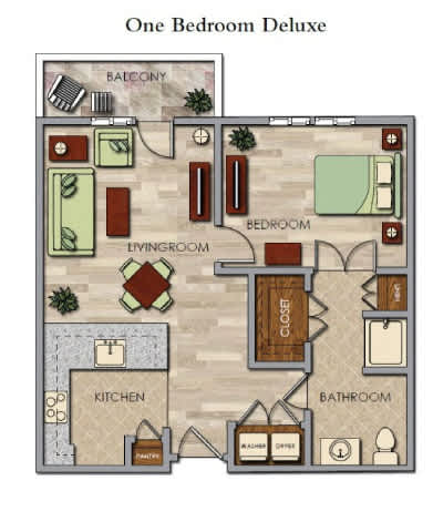 Floor Plan  A floor plan of a one bedroom deluxe apartment.