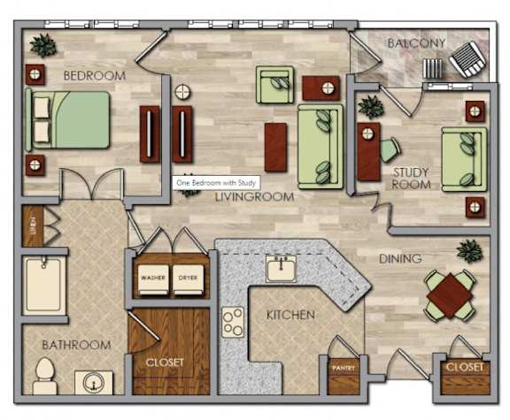 Floor Plan  A floor plan of a house with a bedroom, living room, study room, dining area, kitchen, bathroom, and closet.