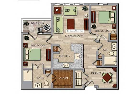 Floor Plan  A floor plan of a house with a balcony, two bedrooms, a living room, a kitchen, a bath, a dining area, and a closet.