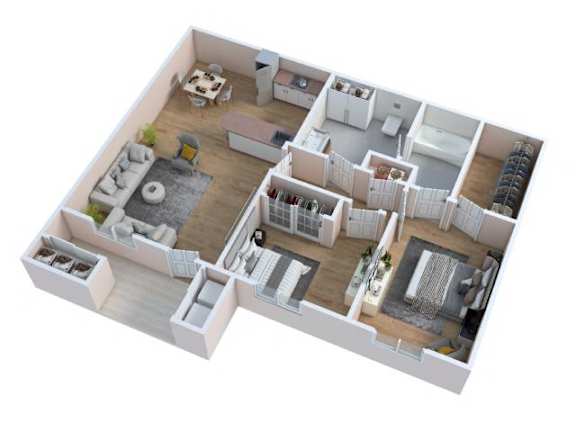 Floor Plan  A 3D floor plan of a house with multiple rooms and furniture.