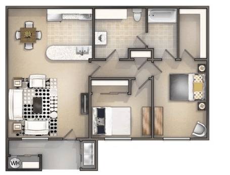 A floor plan of a house with a kitchen, living room, and bathroom.