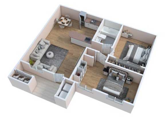 Floor Plan  A 3D floor plan of a house with multiple rooms and furniture.