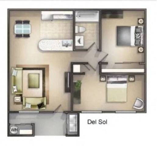 A floor plan of a Del Sol apartment with a kitchen, living room, and two bedrooms.