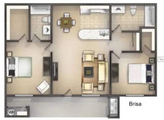 A floor plan of a Brisa apartment with a kitchen, living room, and bathroom.