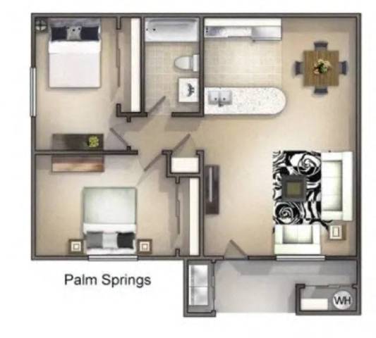 A floor plan of a Palm Springs apartment with a kitchen, living room, and bathroom.