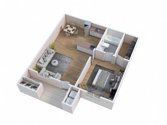 Floor Plan  A 3D floor plan of a house with a living room, kitchen, and two bedrooms.