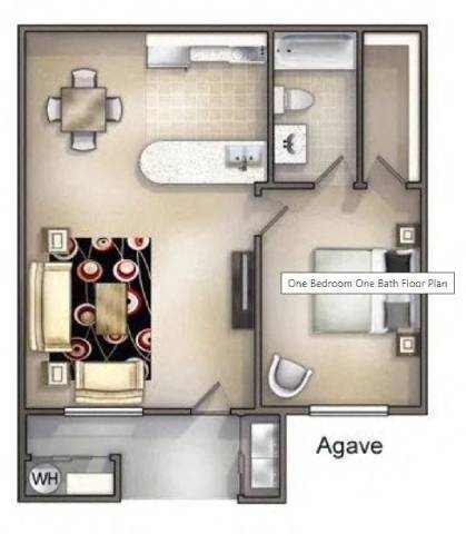 A floor plan of an apartment with one bedroom and one bathroom.