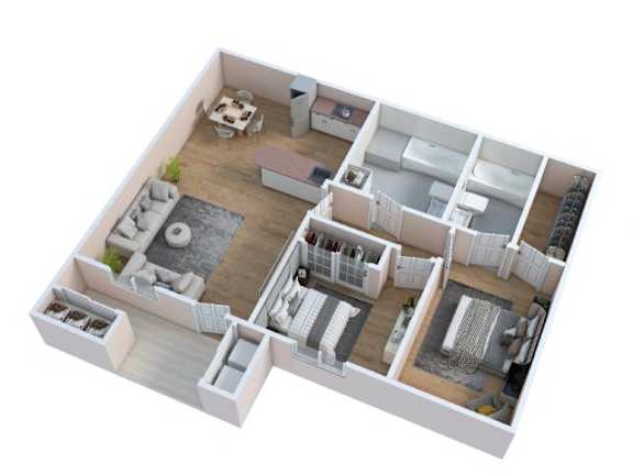 Floor Plan  A 3D floor plan of a house with a kitchen, living room, and bedrooms.