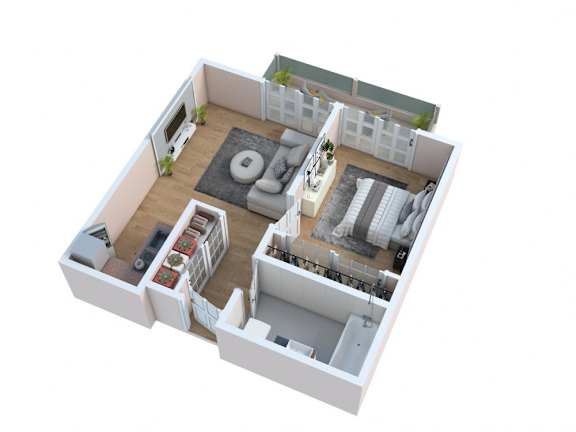 A 3D floor plan of a small apartment with a living room, kitchen, and bathroom.