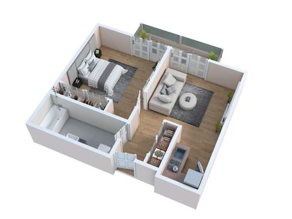 A top down view of a small apartment with a living room, kitchen, and bedroom.