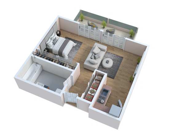 A top-down view of a living room with a couch, a coffee table, and a staircase leading to another room.
