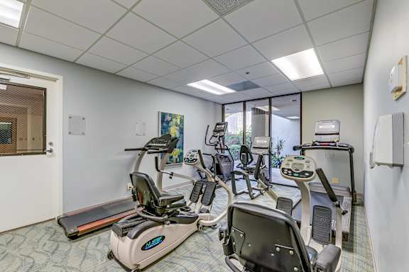 A room with treadmills and exercise bikes.
