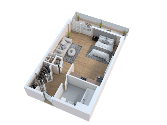 Floor Plan  A 3D rendered image of a small apartment layout.