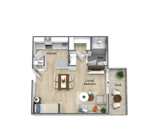 A floor plan of a small apartment with a kitchen, living room, and bathroom.