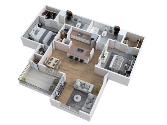a 3d floor plan of a house with a bedroom and living room