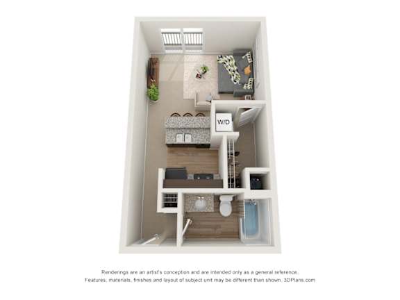 a stylized floor plan with a bedroom and a bathroom