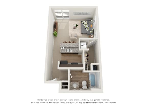 a floor plan of a 1 bedroom unit with a bathroom and a balcony