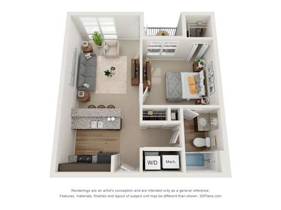 a stylized floor plan with a bedroom and living room
