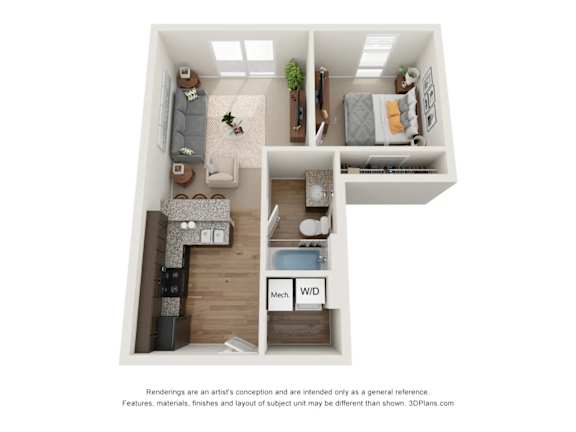 a stylized floor plan with a bedroom and a living room