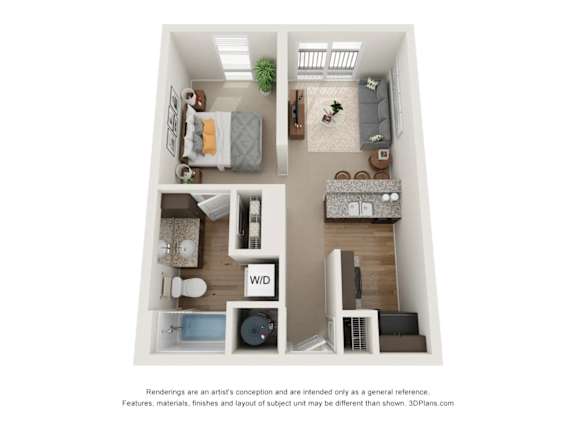 a stylized floor plan with a bedroom and a living room