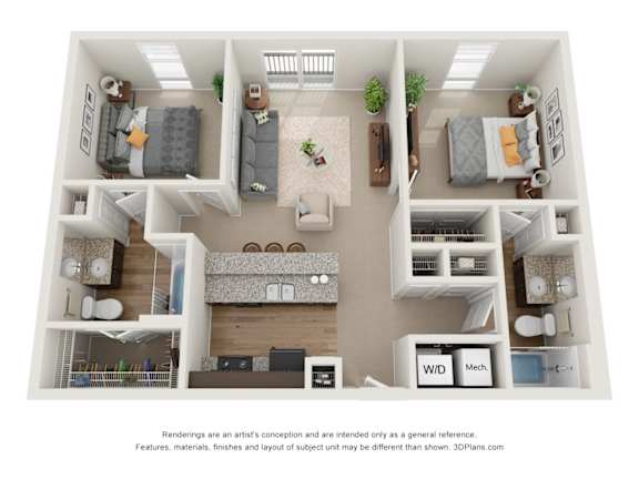 a 3 bedroom floor plan is shown in this rendering