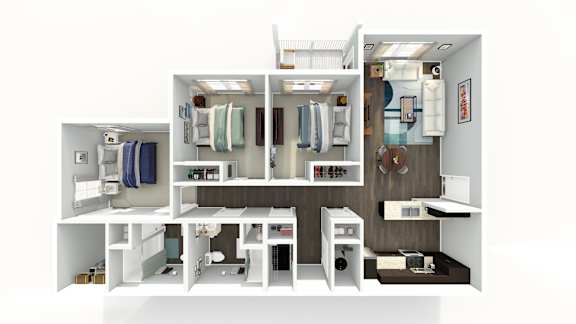 A 3D rendered image of a small, modern bathroom.