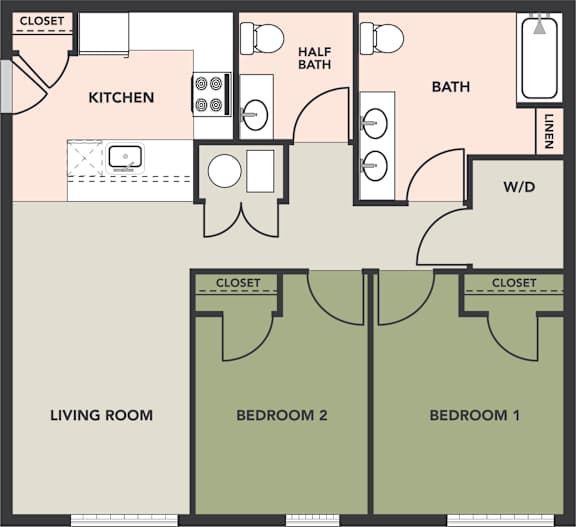 Kenlawn Place 2-Bedroom, 1-1/2 Bath Floorplan