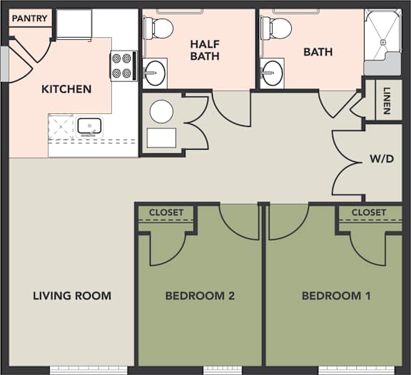 Kenlawn Place 2-Bedroom, 1-1/2 Bath, HC Floorplan