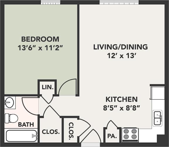 A floor plan of a room with a bedroom, living/dining area, kitchen, bathroom, and closet.
