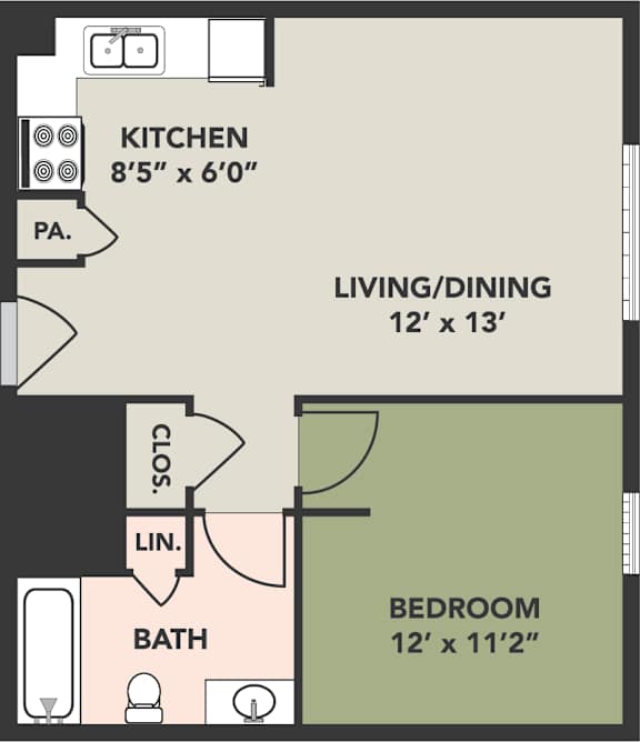 A floor plan of a small apartment with a kitchen, living/dining area, bedroom, and bathroom.