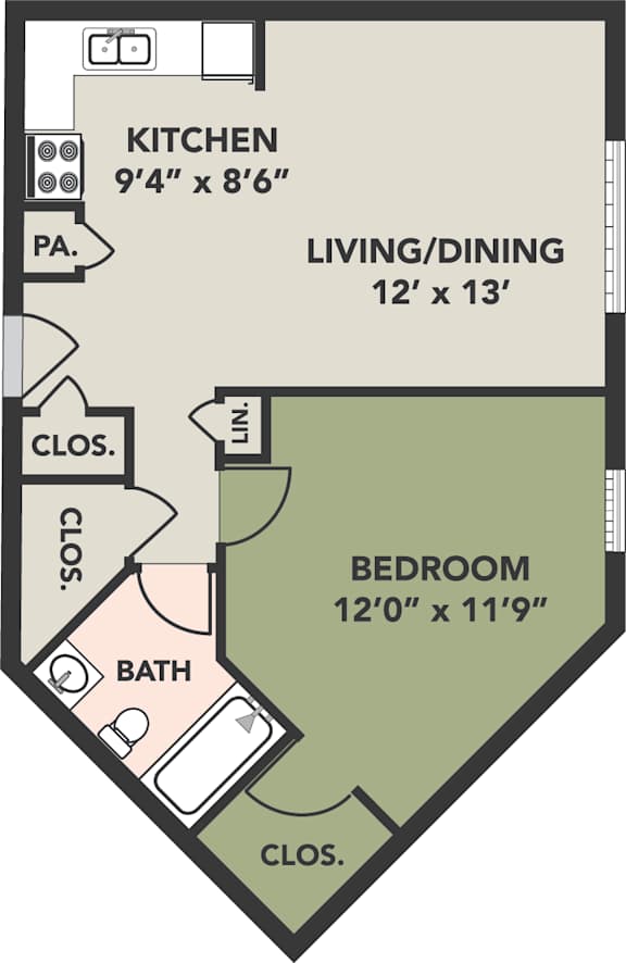 A floor plan of a small apartment with a kitchen, living/dining area, bedroom, and bathroom.