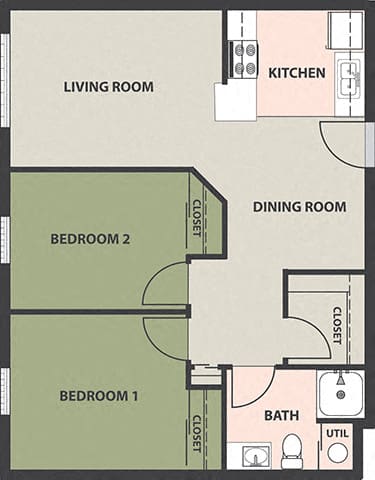 A floor plan of a small apartment with two bedrooms, a living room, a kitchen, a dining room, and a bathroom.